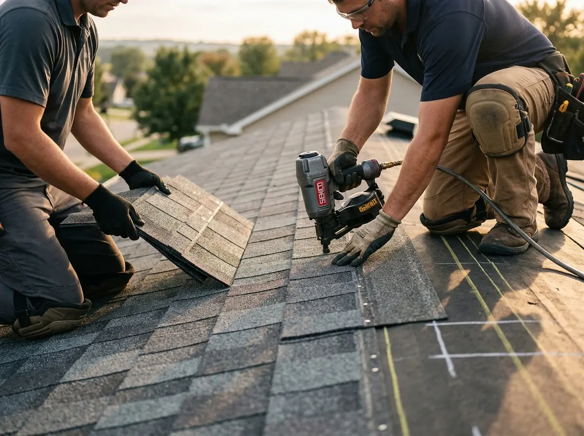 Professional roofer working on a residential roof in Milo